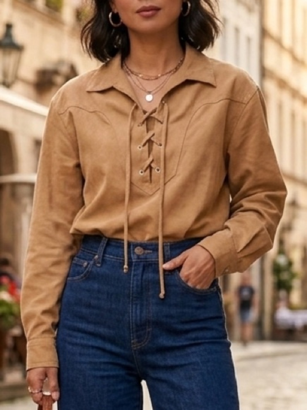 Y2K Vintage Tan Faux Suede Lace Up Shirt Lizsport PS Boho Western Renaissance